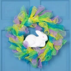 Northlight Pastel Deco Mesh Ribbon Easter Bunny Wreath - 24" Yellow -Northlight 44418202228688 1