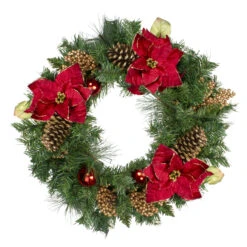 Northlight Pine, Pinecone And Poinsettias Artificial Christmas Wreath - 24" - Unlit Green