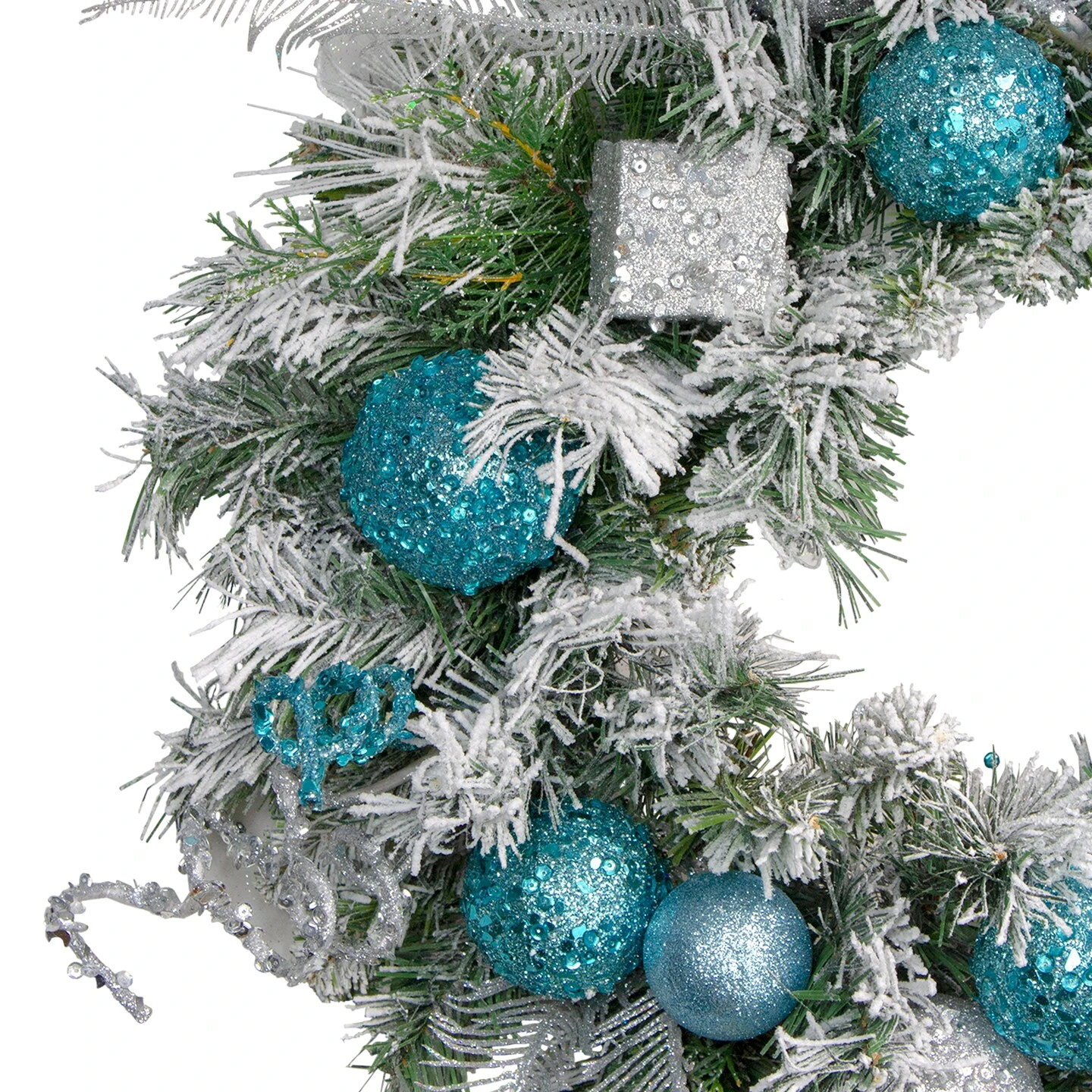 Northlight Flocked Pine With Glitter Ornaments Artificial Christmas Wreath - 24" - Unlit Blue 5 Northlight Flocked Pine With Glitter Ornaments Artificial Christmas Wreath - 24" - Unlit Blue - Image 3