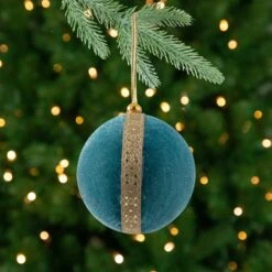 Northlight Velour Christmas Ball Ornament With Ribbon Stripe - 3.25" - Teal Green -Northlight 455449066776912 2