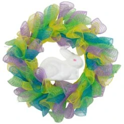 Northlight Pastel Deco Mesh Ribbon Easter Bunny Wreath - 24" Yellow -Northlight 4611710229882230736