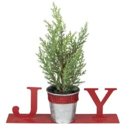 Northlight Potted Faux Pine In Metal "JOY" Planter Christmas Decoration - 10" - Red