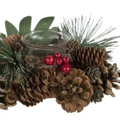 Northlight Glitter Pinecones And Red Berries Tealight Christmas Candle Holder - 15.25" -Northlight 4611742231534060768