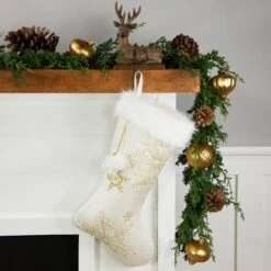 Northlight 20" Cream With Gold Snowflakes Christmas Stocking With Faux Fur Cuff White -Northlight 4611744141798743456