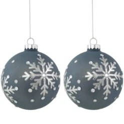 Northlight Glitter Mirrored Snowflakes Christmas Glass Ball Ornaments - 4" - Slate Blue - Set Of 2 -Northlight 4611747774468425440 1