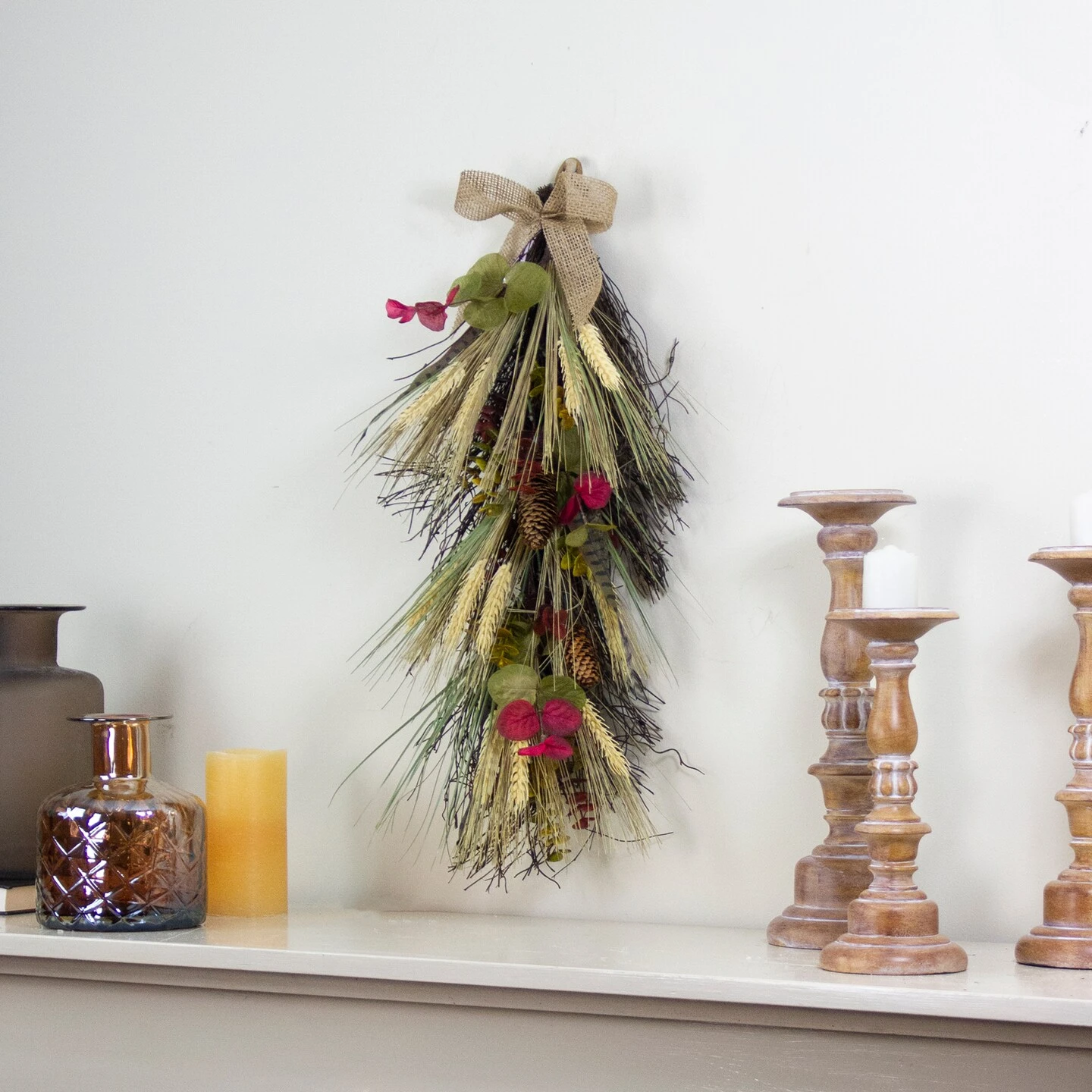 Northlight 24" Autumn Harvest Wheat And Eucalyptus With Feathers Teardrop Swag - Unlit Red 5 Northlight 24" Autumn Harvest Wheat And Eucalyptus With Feathers Teardrop Swag - Unlit Red - Image 3