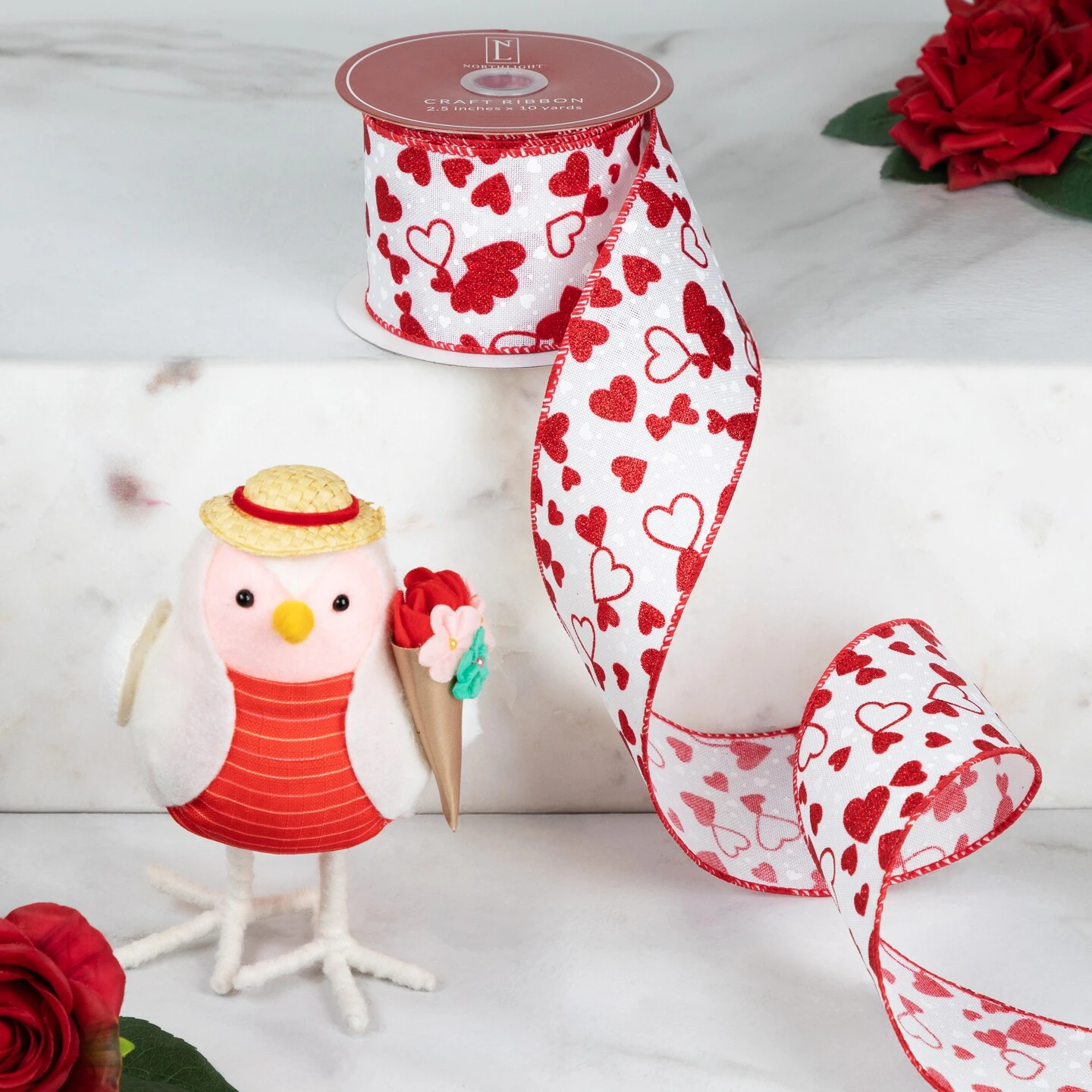 Northlight Glittered Hearts Valentine's Day Wired Craft Ribbon-2.5" X 10 Yards - White And Red 3 Northlight Glittered Hearts Valentine's Day Wired Craft Ribbon-2.5" X 10 Yards - White And Red