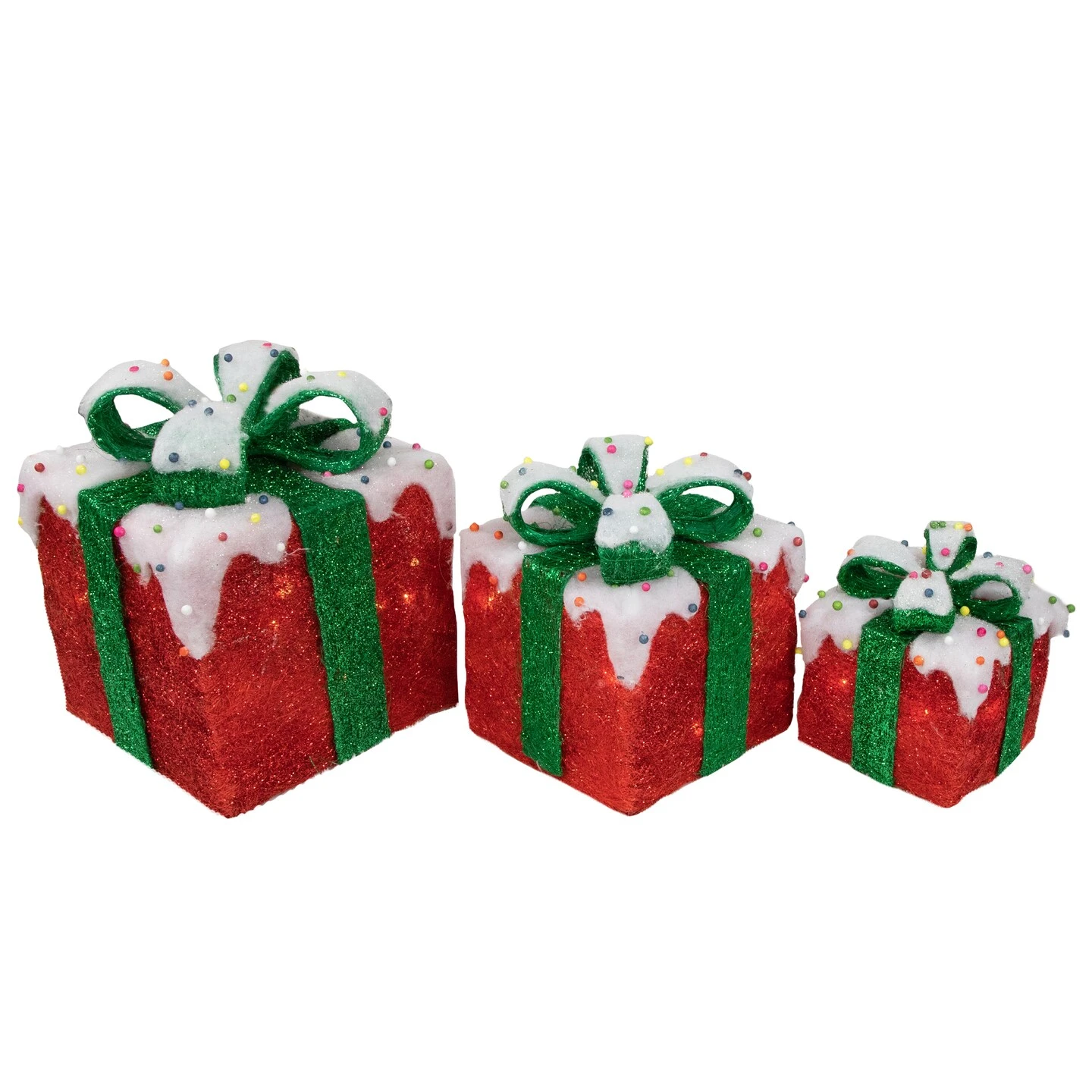 Northlight Lighted Snow And Candy Covered Sisal Gift Boxes Outdoor Christmas Decorations - Set Of 3 Red 8 Northlight Lighted Snow And Candy Covered Sisal Gift Boxes Outdoor Christmas Decorations - Set Of 3 Red - Image 6