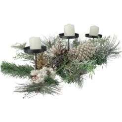 Northlight Frosted Long Needle Pine And Berries Christmas Triple Candle Holder - 24" Gold -Northlight 4611832245812872416