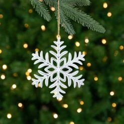 Northlight Metal Floral Snowflake Christmas Ornament On Jute Rope - 6" - Silver And White -Northlight 4611869208988676304 1