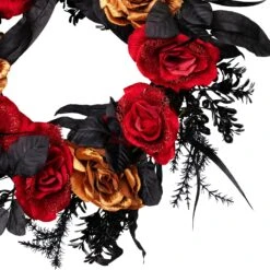 Northlight Roses With Mixed Foliage Halloween Wreath - 22" - Red And Gold - Unlit Black -Northlight 4611871122204257712