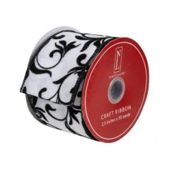 Northlight Black Grosgrain With White Floral Design Wired Craft Ribbon 2.5" X 10 Yards -Northlight 4611883716312974560