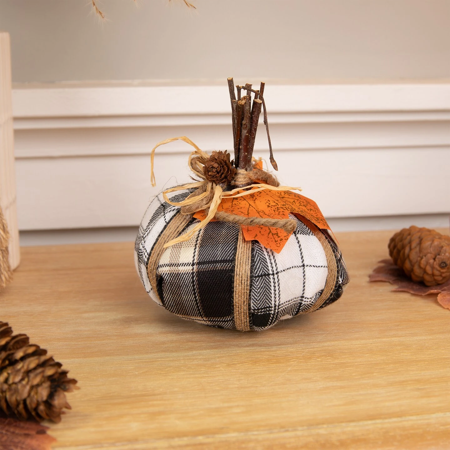 Northlight Plaid Pumpkin With Leaf Fall Harvest Pumpkin Decoration - 5" - White And Black 4 Northlight Plaid Pumpkin With Leaf Fall Harvest Pumpkin Decoration - 5" - White And Black - Image 2