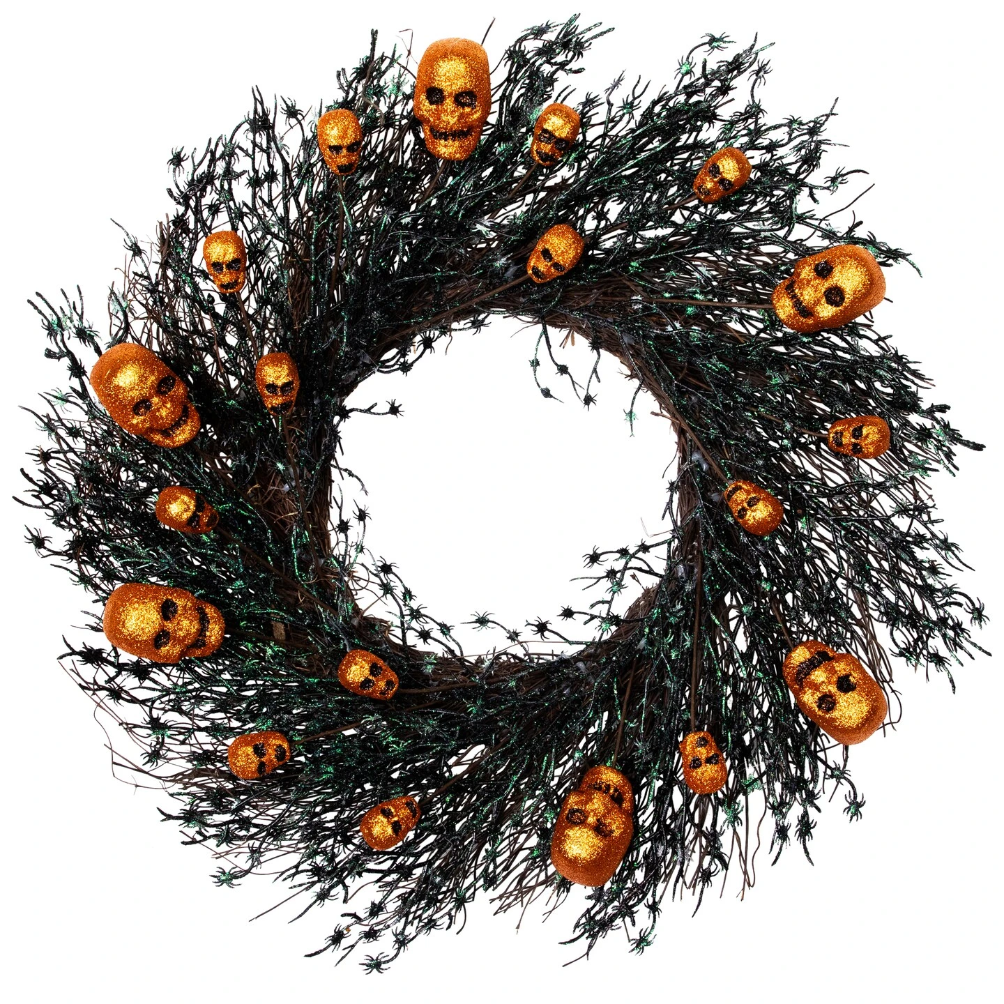 Northlight Glittered Skulls And Spiders Halloween Twig Wreath - 22" - Unlit Black 5 Northlight Glittered Skulls And Spiders Halloween Twig Wreath - 22" - Unlit Black - Image 3
