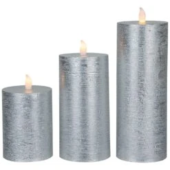 Northlight Flameless Flickering LED Wax Pillar Candles - 8" - Brushed Silver - Set Of 3 -Northlight 4611898646934757600 2