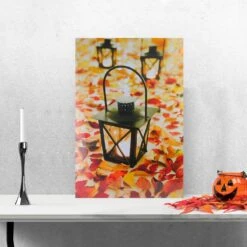 Northlight LED Lighted Fall Foliage And Lanterns Canvas Wall Art 23.5" X 15.5" Black -Northlight 4611939680180091872