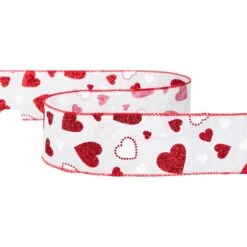 Northlight Glitter Hearts Valentine's Day Wired Craft Ribbon- 2.5" X 10 Yards - White And Red -Northlight 4611986995284840624
