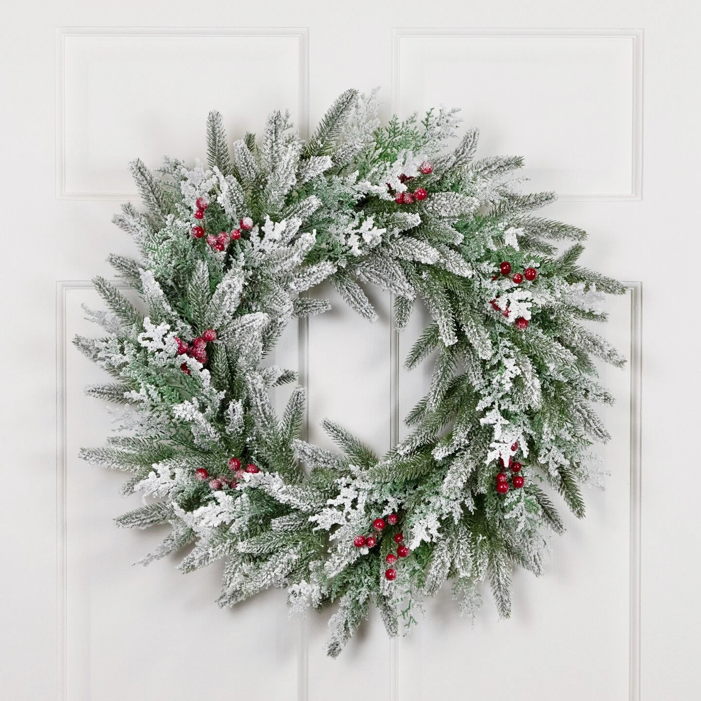 Northlight Real Touch™️ Flocked Wind River Fir With Berries Artificial Christmas Wreath - 24" - Unlit Green 10 Northlight Real Touch™️ Flocked Wind River Fir With Berries Artificial Christmas Wreath - 24" - Unlit Green - Image 8