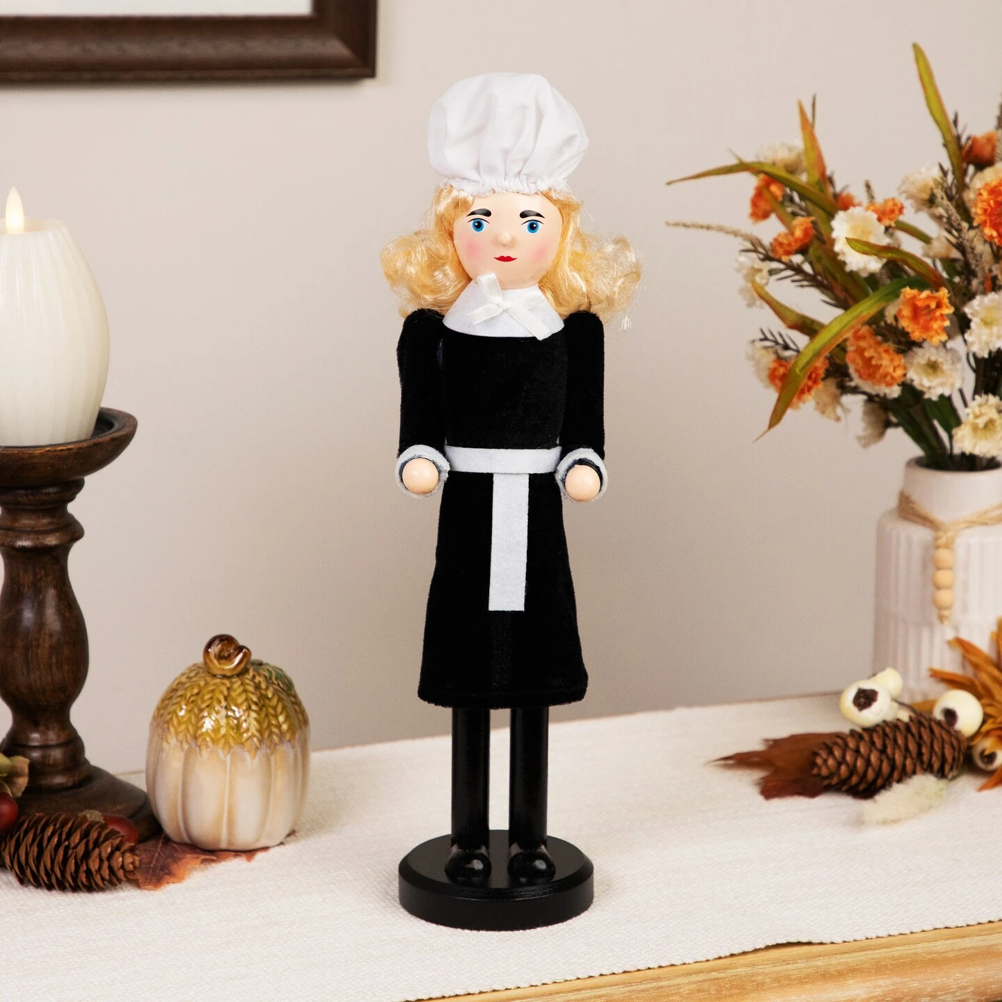 Northlight Pilgrim Woman Thanksgiving Fall Harvest Wooden Nutcracker Decoration - 14" White 3 Northlight Pilgrim Woman Thanksgiving Fall Harvest Wooden Nutcracker Decoration - 14" White