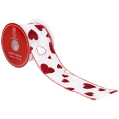 Northlight Glitter Hearts Valentine's Day Wired Craft Ribbon- 2.5" X 10 Yards - White And Red -Northlight 4612013888222564528