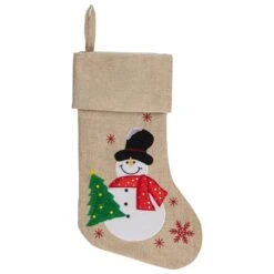 Northlight 19" Burlap Standing Snowman With A Tree And Snowflakes Christmas Stocking Beige