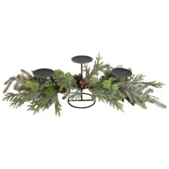 Northlight Triple Candle Holder With Frosted Foliage And Pine Cones Christmas Decoration - 26" Black -Northlight 4612049471686959776