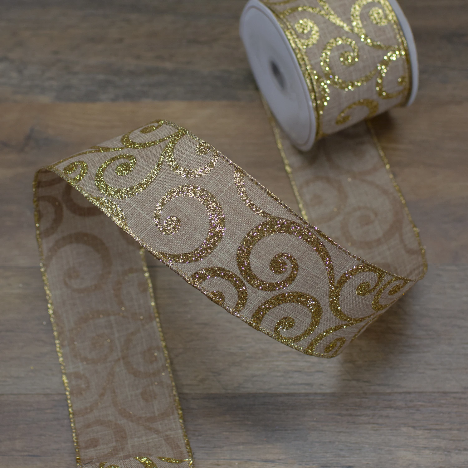 Northlight Burlap And Gold Scroll Christmas Wired Craft Ribbon 2.5" X 10 Yards Brown 5 Northlight Burlap And Gold Scroll Christmas Wired Craft Ribbon 2.5" X 10 Yards Brown - Image 3