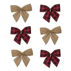Northlight Buffalo Plaid And Burlap 2-Loop Christmas Bow Decorations - 5.5" - Pack Of 6 Red