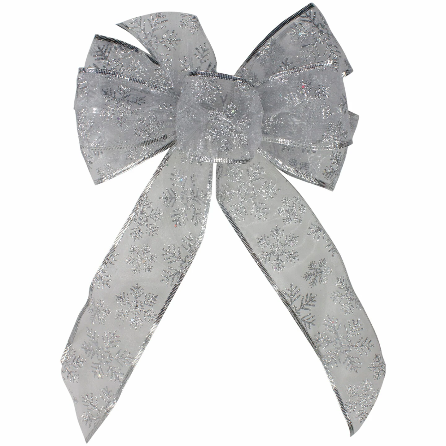 Northlight Glitter Snowflake 6-Loop Sheer Christmas Bow Decoration - 9" X 14" - Silver White 4 Northlight Glitter Snowflake 6-Loop Sheer Christmas Bow Decoration - 9" X 14" - Silver White - Image 2