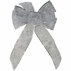 Northlight Glitter Snowflake 6-Loop Sheer Christmas Bow Decoration - 9" X 14" - Silver White