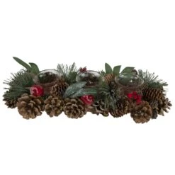 Northlight Glitter Pinecones And Red Berries Tealight Christmas Candle Holder - 15.25" -Northlight 4612066311909794464