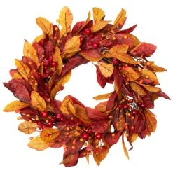 Northlight Berries With Leaves Artificial Fall Harvest Twig Wreath - 24" Red -Northlight 4612086481170615728