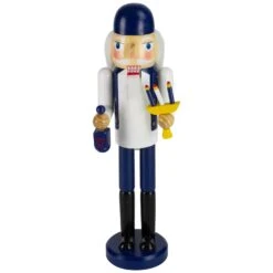 Northlight 14" Blue And White Wooden Hanukkah Nutcracker With Dreidel And Menorah -Northlight 4612099659860130784 1
