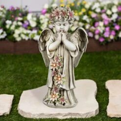 Northlight LED Lighted Praying Cherub With Flowers Statue - 16" Ivory