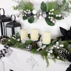 Northlight Mixed Foliage And Jingle Bell Christmas Pillar Candle Holder - 29" Green 12 Northlight Mixed Foliage And Jingle Bell Christmas Pillar Candle Holder - 29" Green -Northlight 4612186828753592992