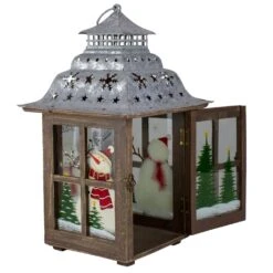 Northlight Rustic Wooden Snowman "Sweet Home" Pillar Candle Christmas Lantern - 16.5" Silver -Northlight 4612200955679491296