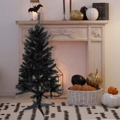 Northlight Holographic Black Slim Artificial Tinsel Halloween Tree - 4' - Black - Unlit -Northlight 4612200956121990368