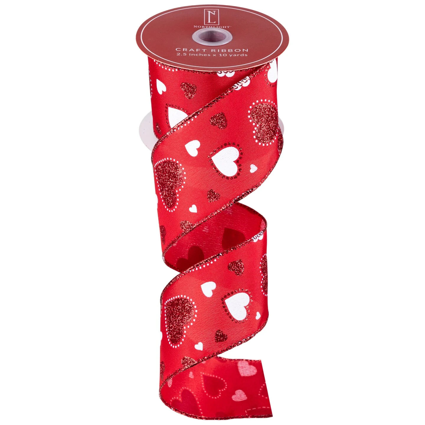 Northlight Glitter Hearts Valentine's Day Wired Craft Ribbon - 2.5" X 10 Yards - Red And White 5 Northlight Glitter Hearts Valentine's Day Wired Craft Ribbon - 2.5" X 10 Yards - Red And White - Image 3