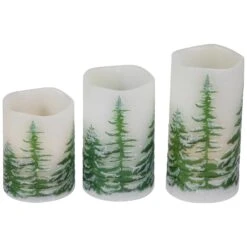 Northlight LED Flameless Frosted Pines Flickering Wax Pillar Christmas Candles - 6" - Set Of 3 White -Northlight 472543060378848
