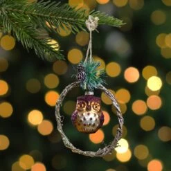 Northlight Glittered Owl In A Twig Wreath Glass Christmas Ornament - 5.25" -Brown -Northlight 500808436540064