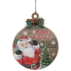 Northlight 15" B/O Lighted Ball Ornament With Santa Claus Wooden Christmas Wall Sign Brown