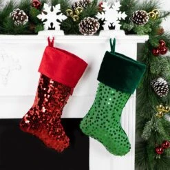 Northlight 20" Shiny Metallic Green Sequined Christmas Stocking With Velveteen Cuff -Northlight 500810242187936