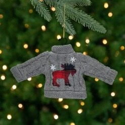 Northlight Ugly Sweater With Plaid Moose Christmas Ornament - 9" - Gray