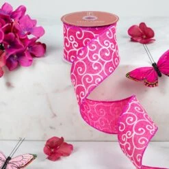 Northlight Swirl Wired Spring Craft Ribbon - 2.5" X 10 Yards - Pink And White