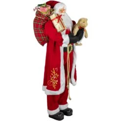Northlight 5' Traditional Santa Claus With Teddy Bear And Gift Bag Standing Christmas Figure Red -Northlight 514936734106848