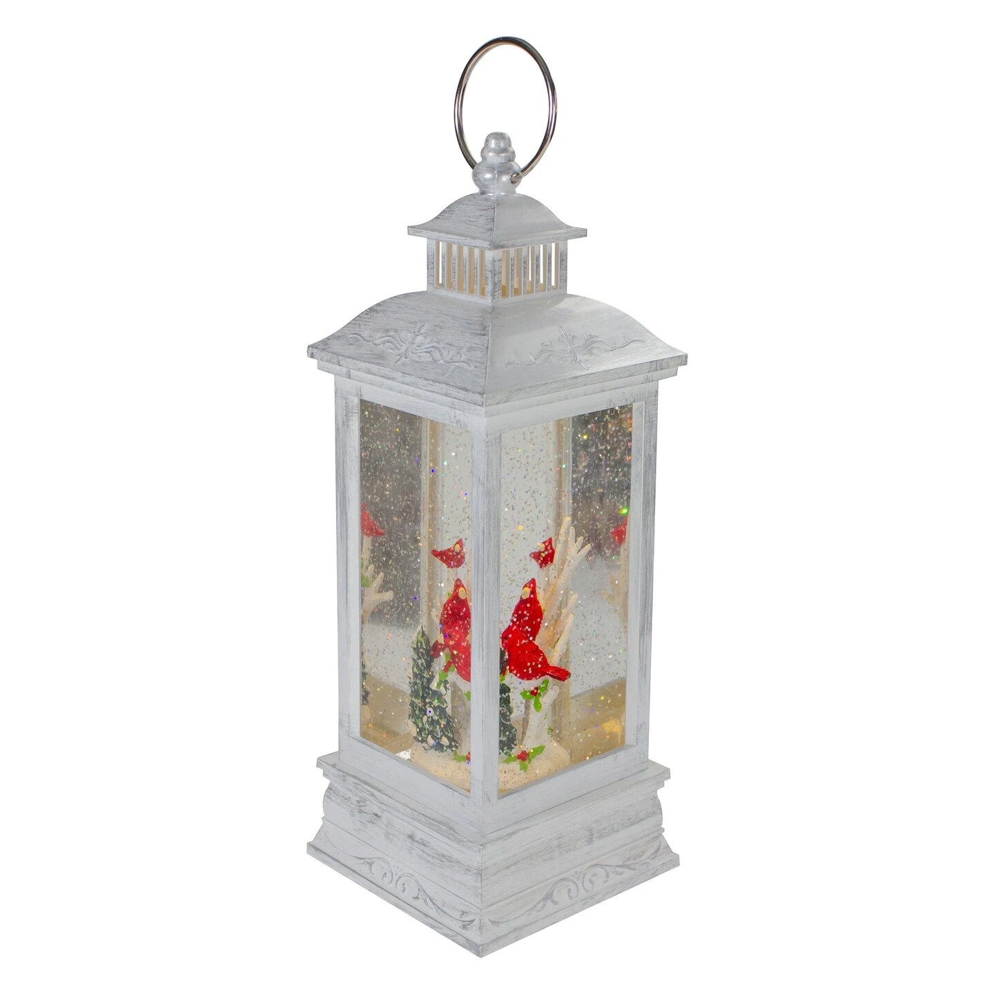 Northlight Brushed Christmas Cardinals Snow Globe Lantern - 11" - White And Silver 6 Northlight Brushed Christmas Cardinals Snow Globe Lantern - 11" - White And Silver - Image 4