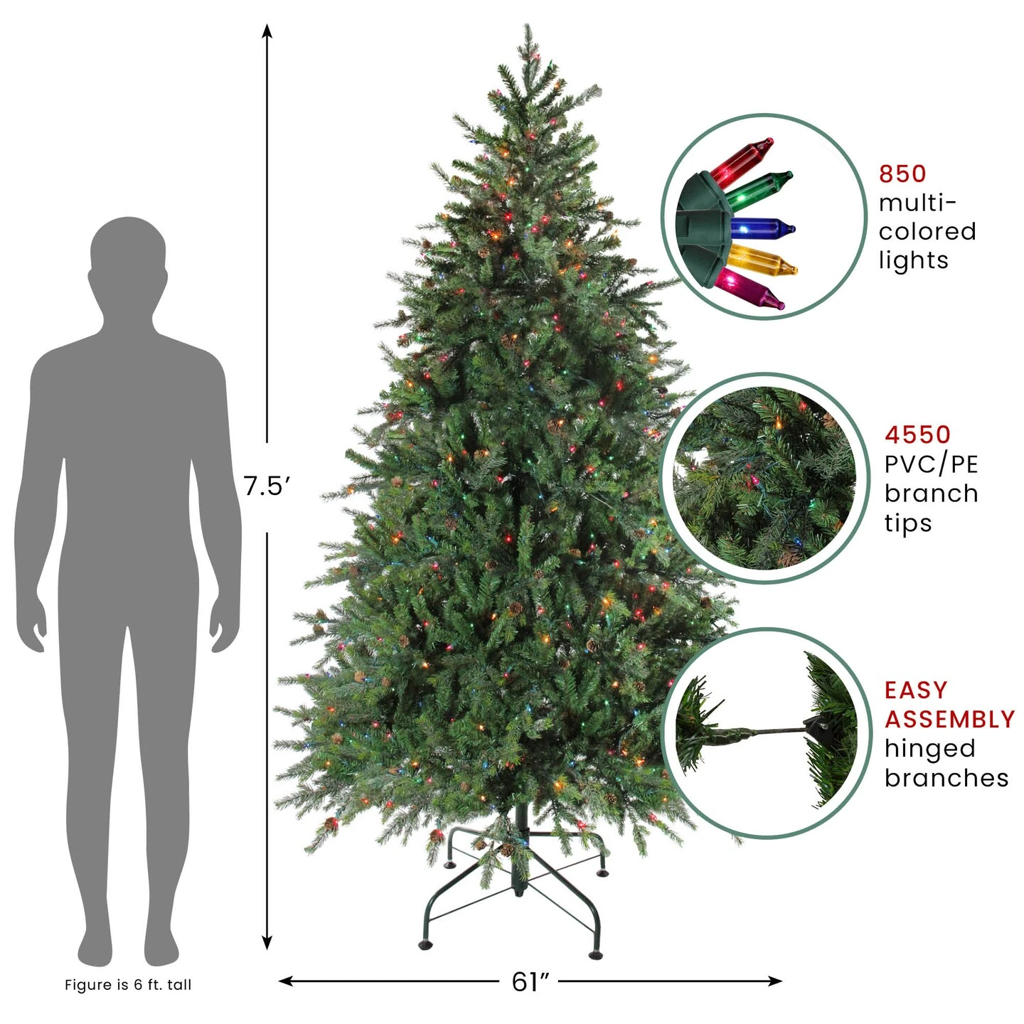 Northlight Real Touch™️ Pre-Lit Medium Hunter Fir Artificial Christmas Tree - 7.5' - Multicolor Lights Green 7 Northlight Real Touch™️ Pre-Lit Medium Hunter Fir Artificial Christmas Tree - 7.5' - Multicolor Lights Green - Image 5