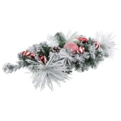 Northlight Triple Candle Holder With Flocked Pine And Christmas Ornaments - 32" - Red And White -Northlight 543820995249376