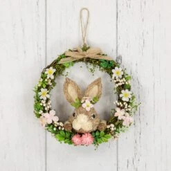 Northlight Spring Floral Easter Wreath With Peering Rabbit - 11" - Green And Pink Brown -Northlight 551409185031184