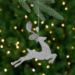 Northlight Leaping Glitter Drenched Reindeer With Faux Gem Christmas Ornament - 5.5" - Silver -Northlight 556918002882768 2